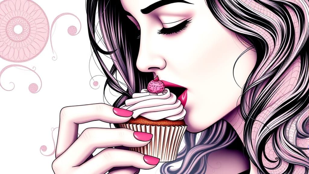 Woman Eating Cupcake in Abstract Fractal Style