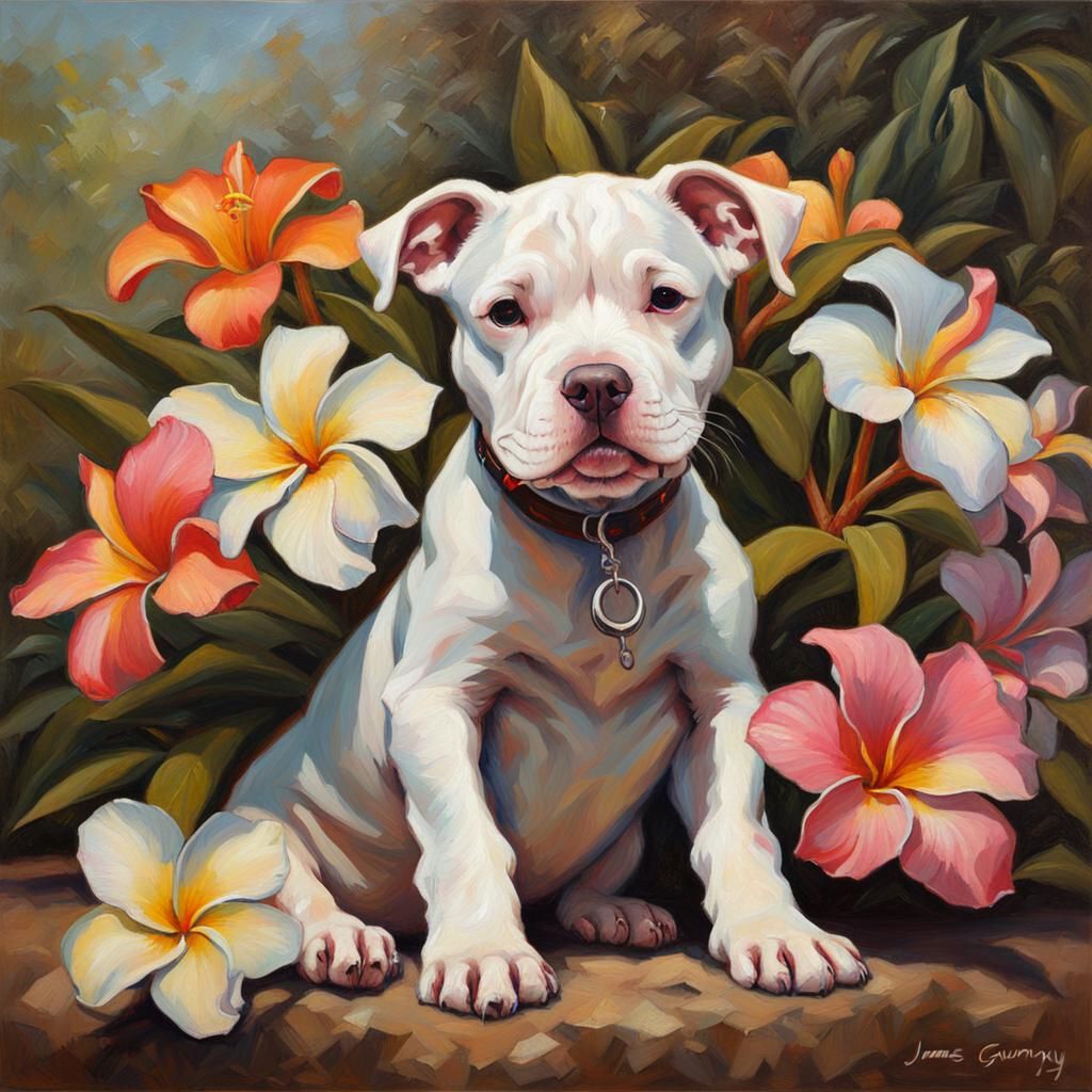 Pit Bull Puppy in Plumeria Bouquet: Rococo Oil Painting