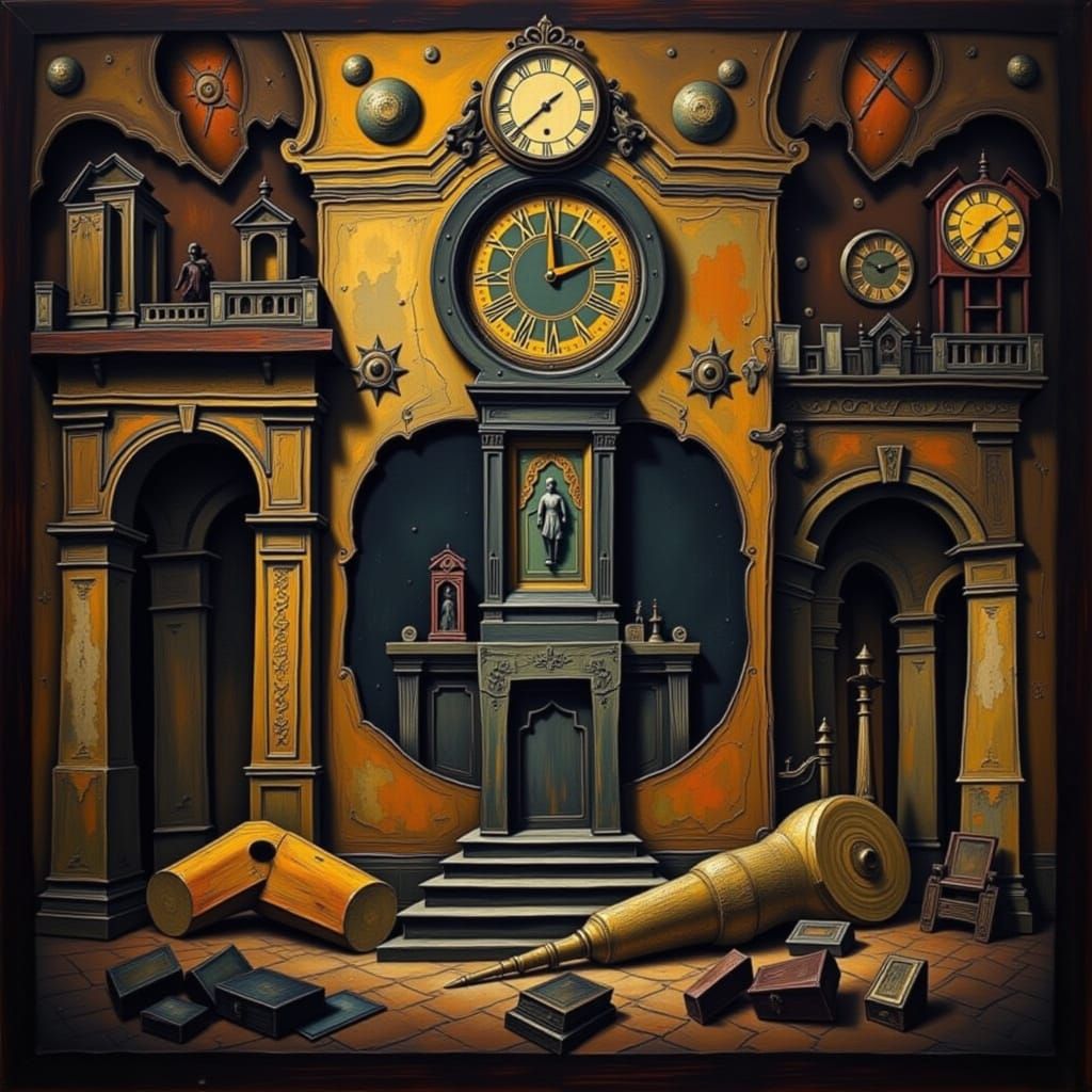 Surreal Hall of Clocks in Impasto Style