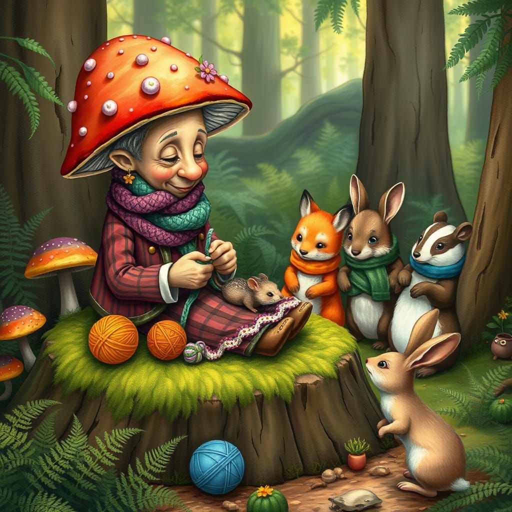 Mushroom Grandmother Crocheting Scarves in Forest Illustrati...