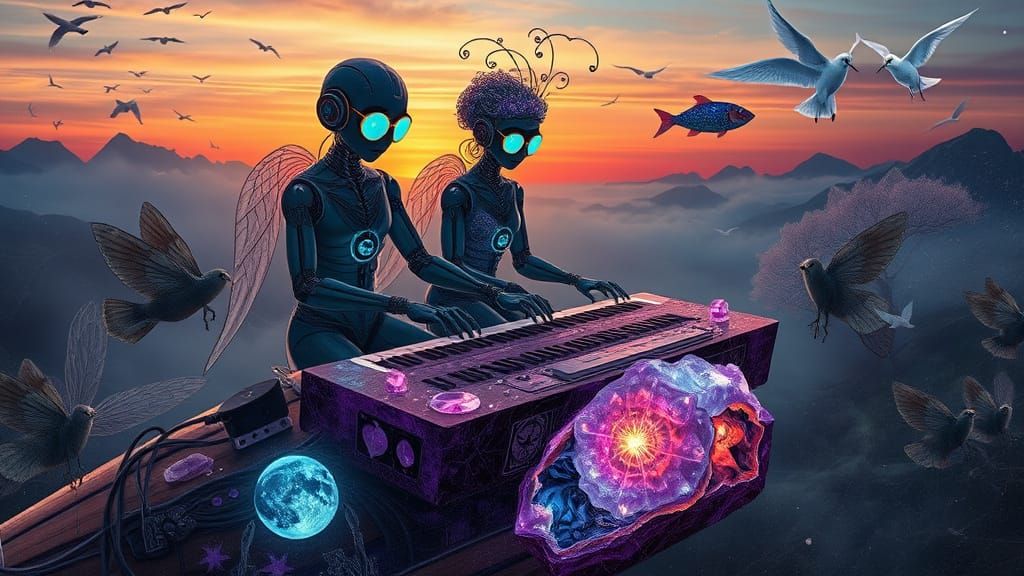 Ethereal Figures in Surreal Sunset Galaxy