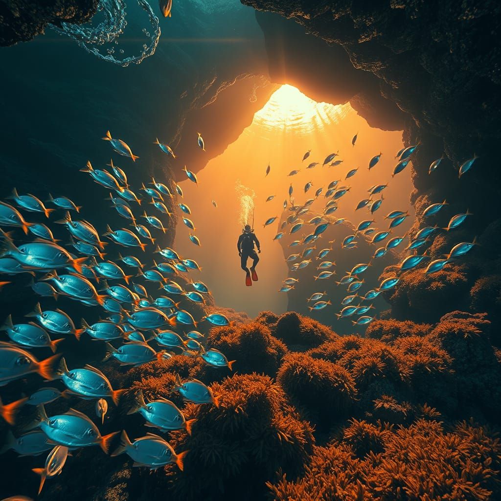Diver Descends into Futuristic Underwater Realm