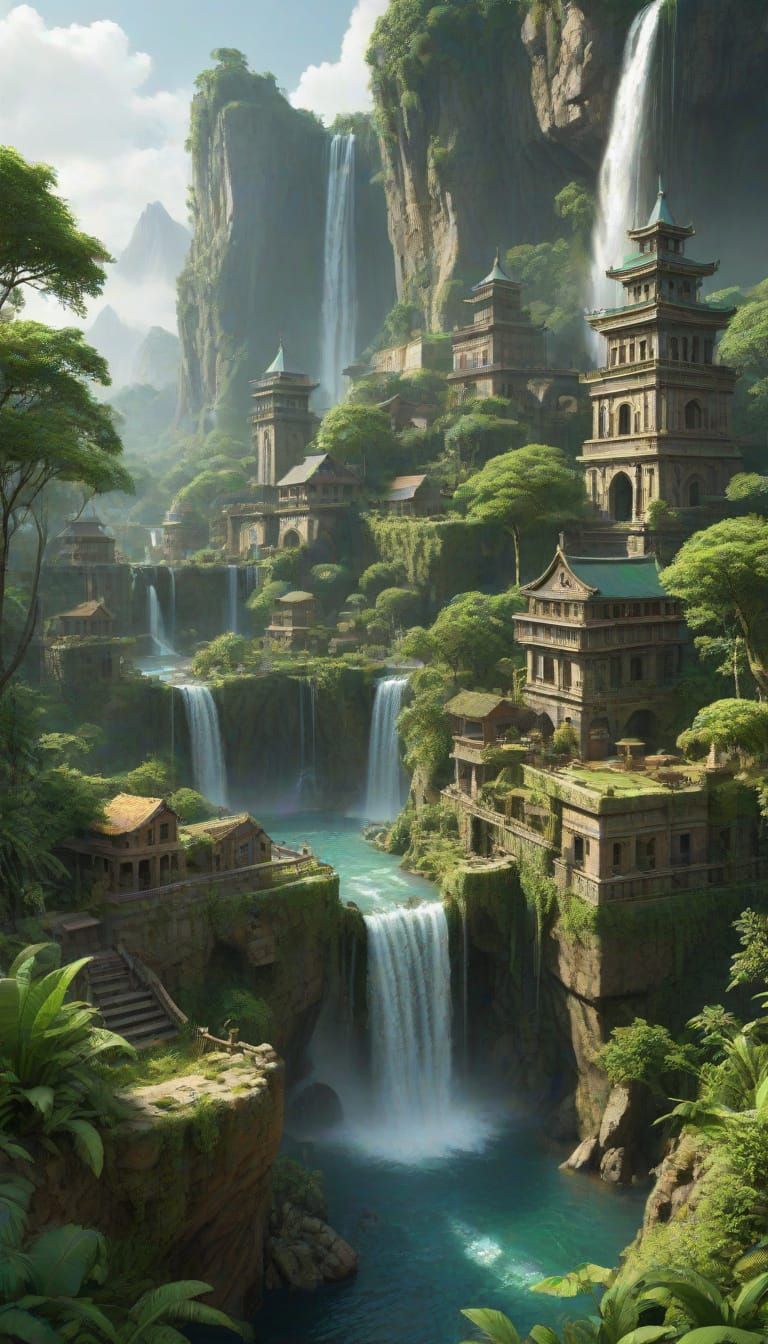 Lost Civilization Landscape with Waterfalls: Digital Illustr...