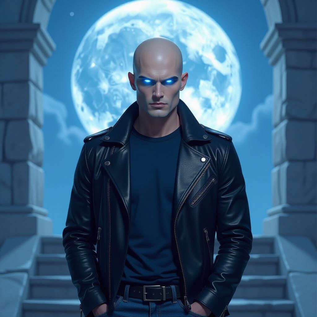 Bald Man with Glowing Eyes in Leather Jacket