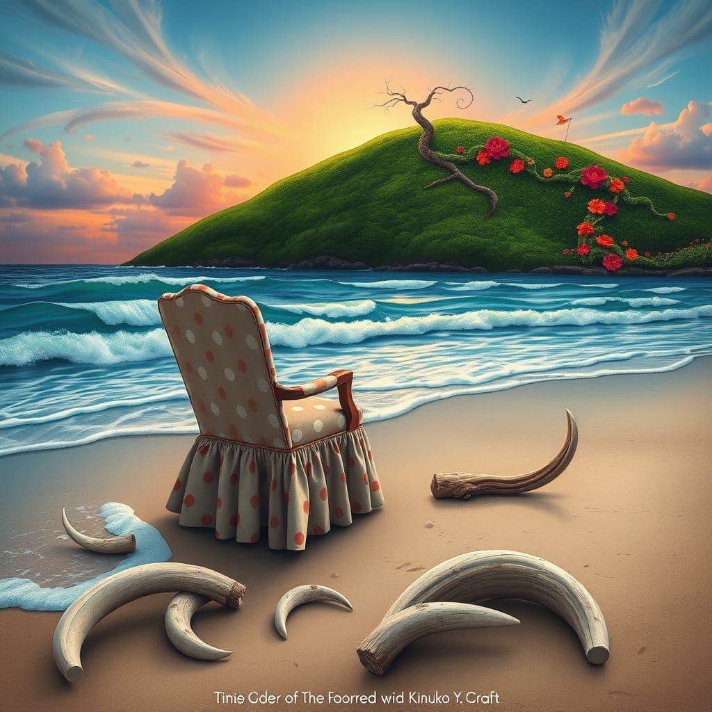 Surreal Beach Scene with Whimsical Driftwood and Vibrant Vin...