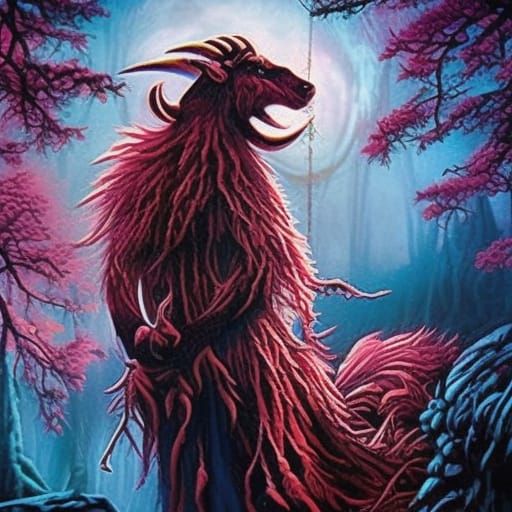 Weregoat Witch in Mystic Forest: Digital Art