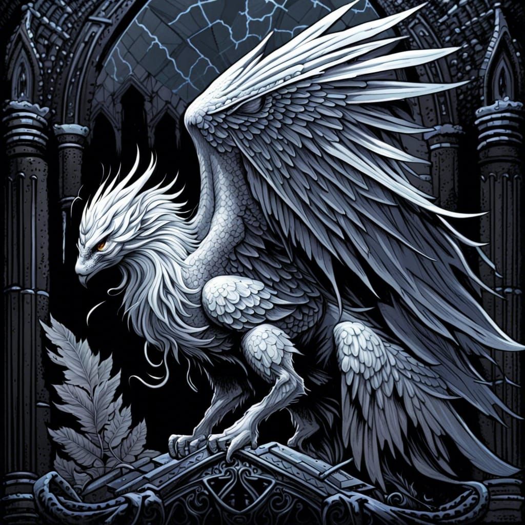 High Gothic White Griffin in Dark Fantasy Style