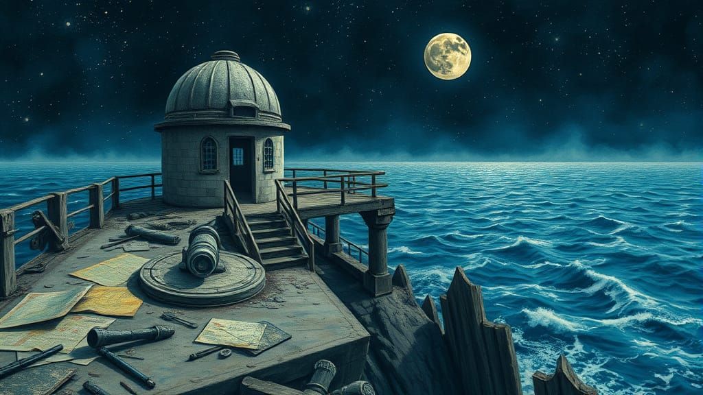 Abandoned Observatory on Windswept Cliff Overlooking Starry ...