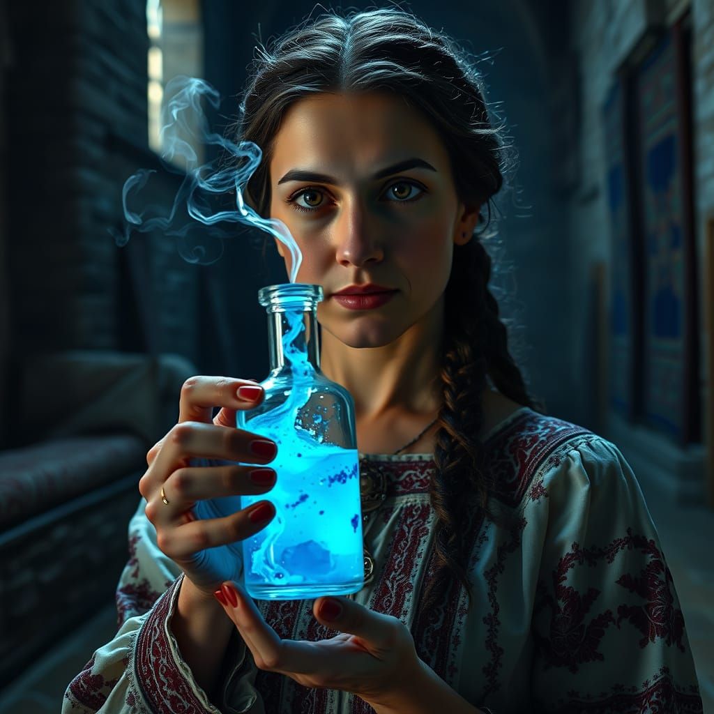 Medieval Woman in Fortified Church, Intricately Woven Hair, ...