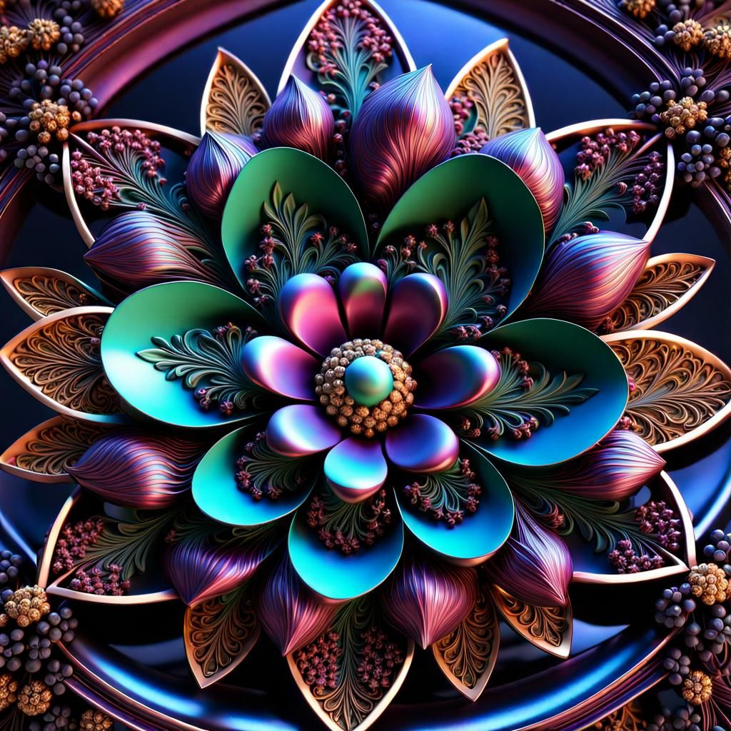 Vibrant Fractal Metal Flower Sculpture in Jewel Tones
