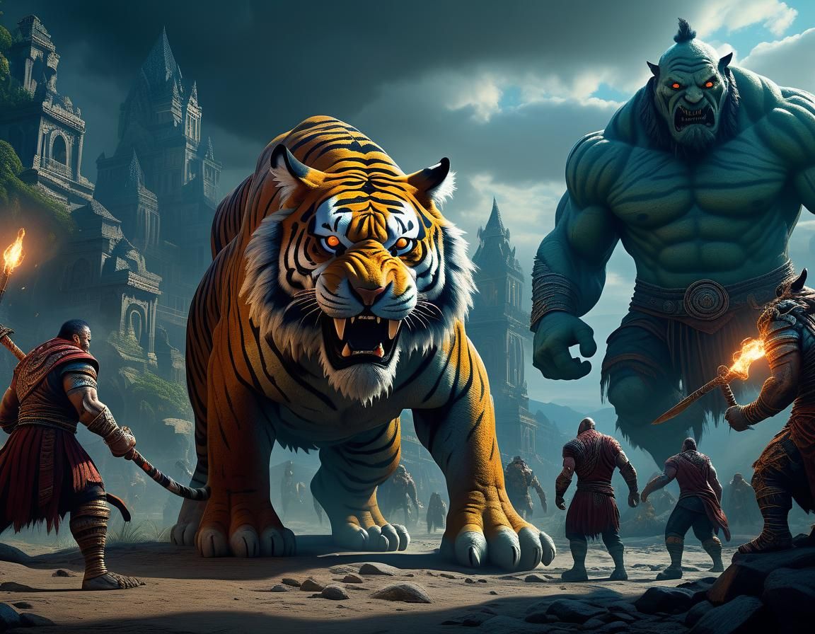 Heroes and Tiger Face Ogre in Epic Battle