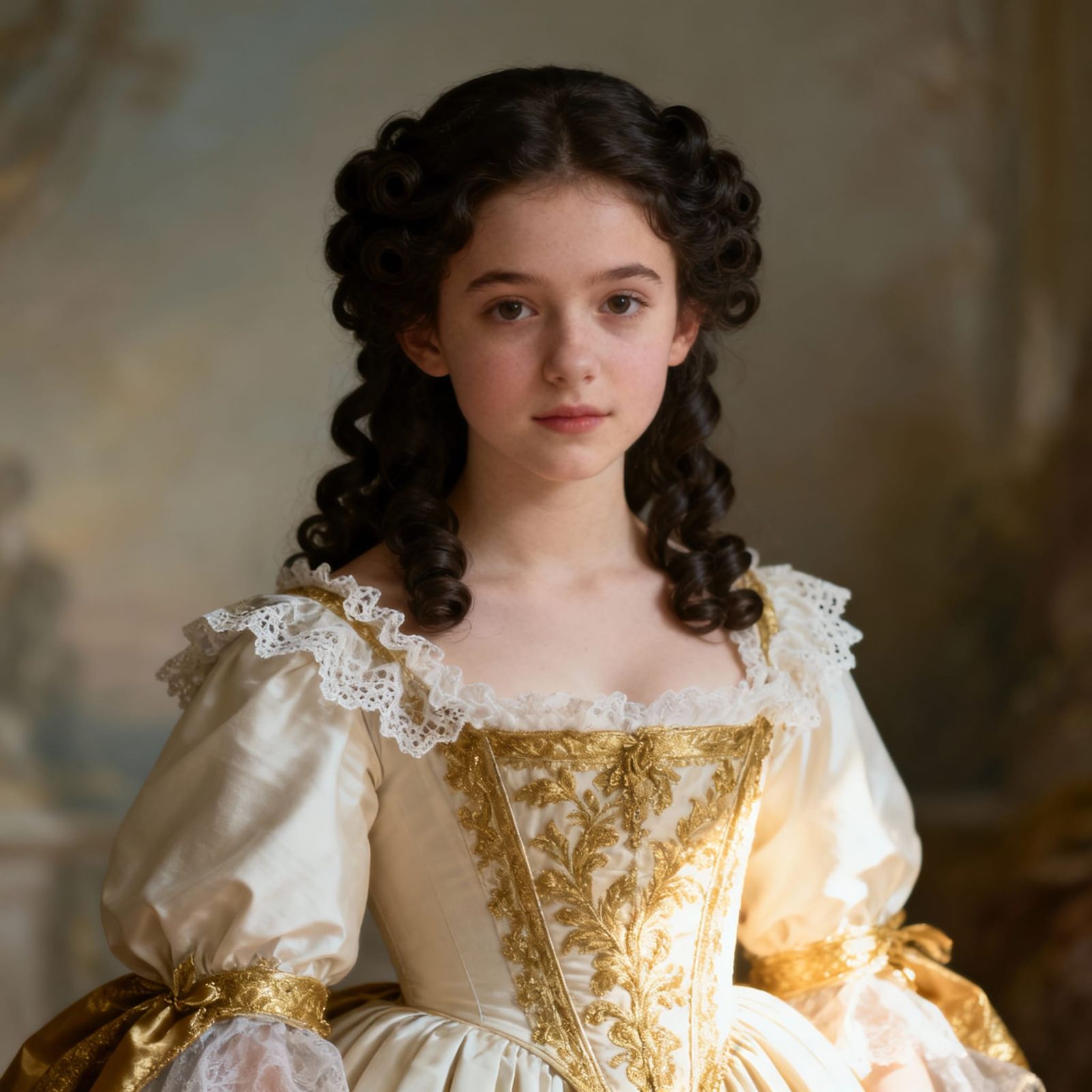 Elegant 18th Century Woman in White and Gold Gown