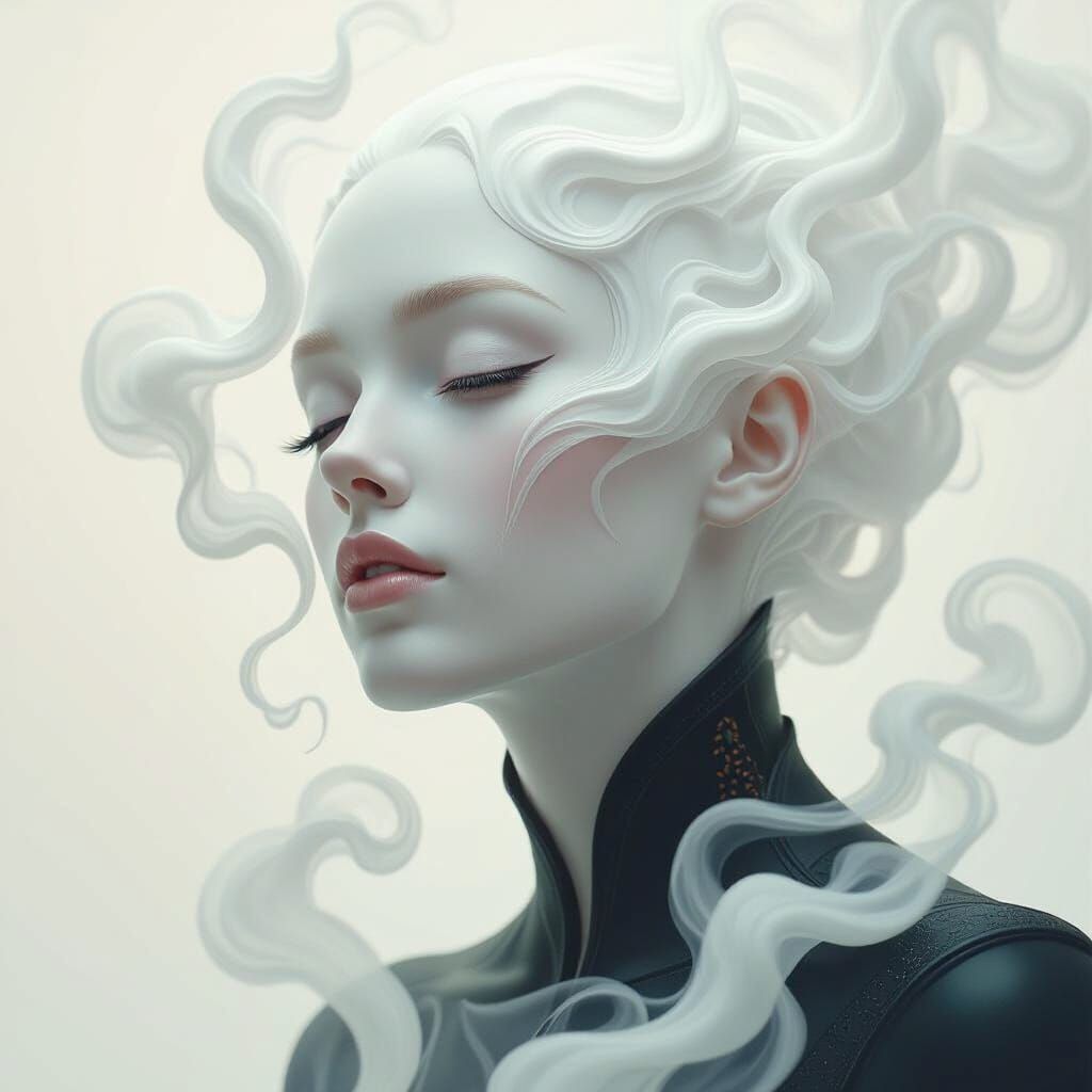 Ethereal Face Veiled in White Smoke, Hyperrealistic Portrait