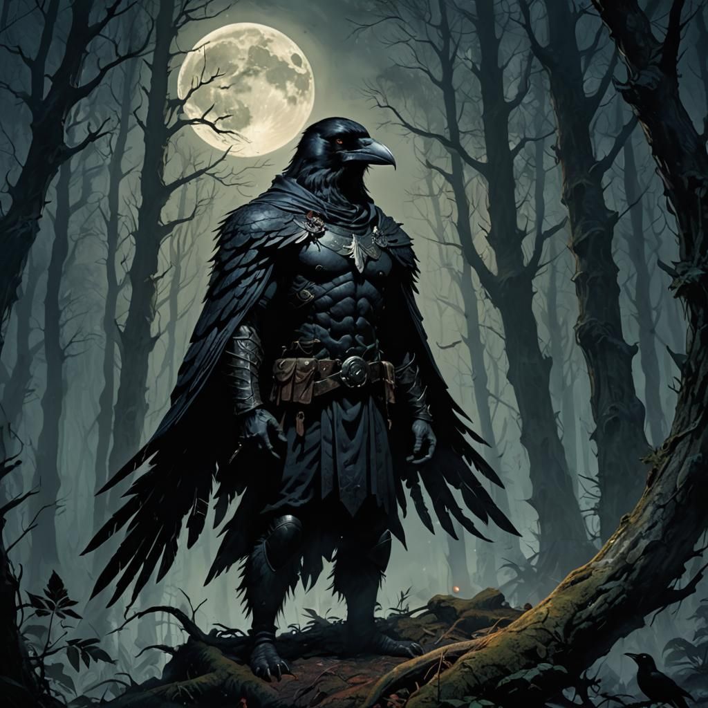 Raven Man in Mystical Forest: Dark Fantasy Art