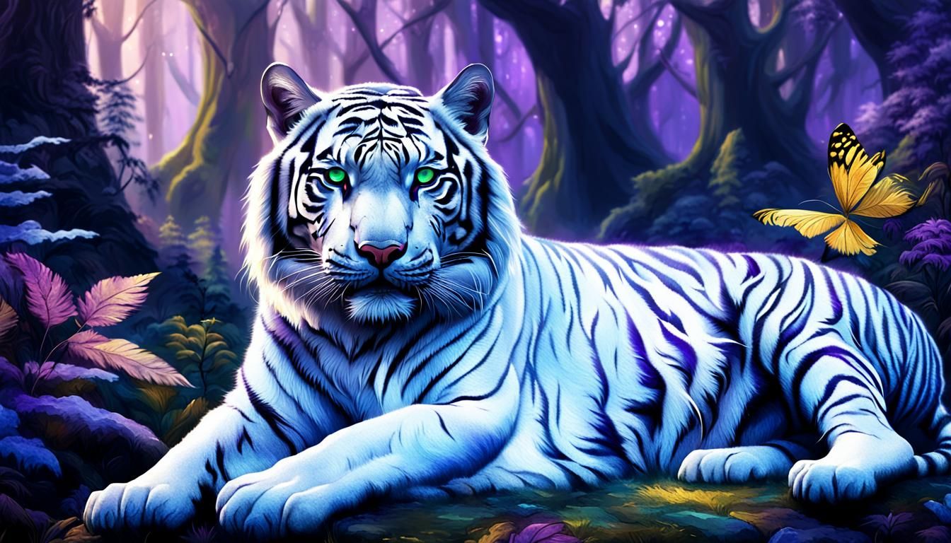 Majestic Tri-Headed Tiger in Whimsical Faerie Land