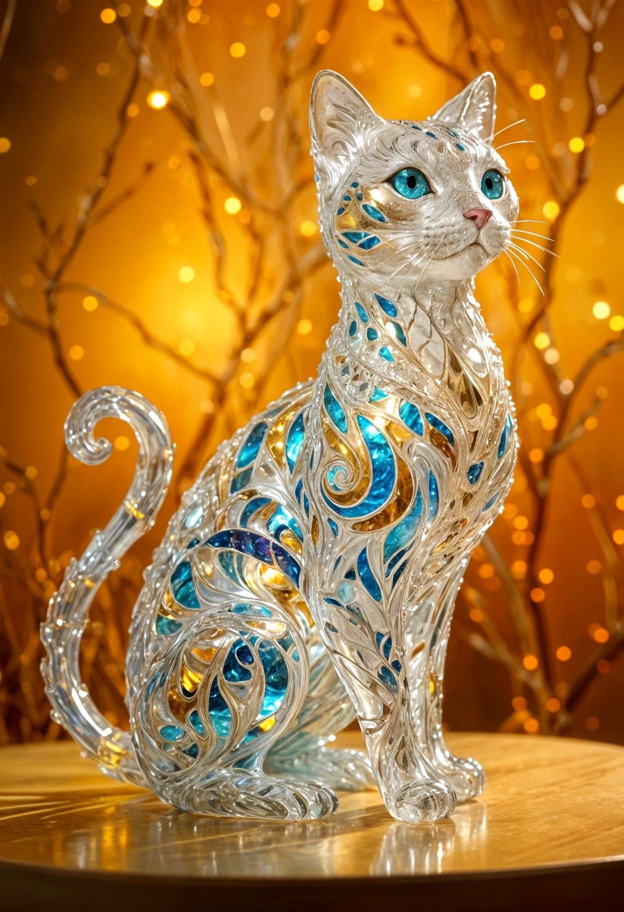 Murano Glass Cat Sculpture with Sequins and Diamonds