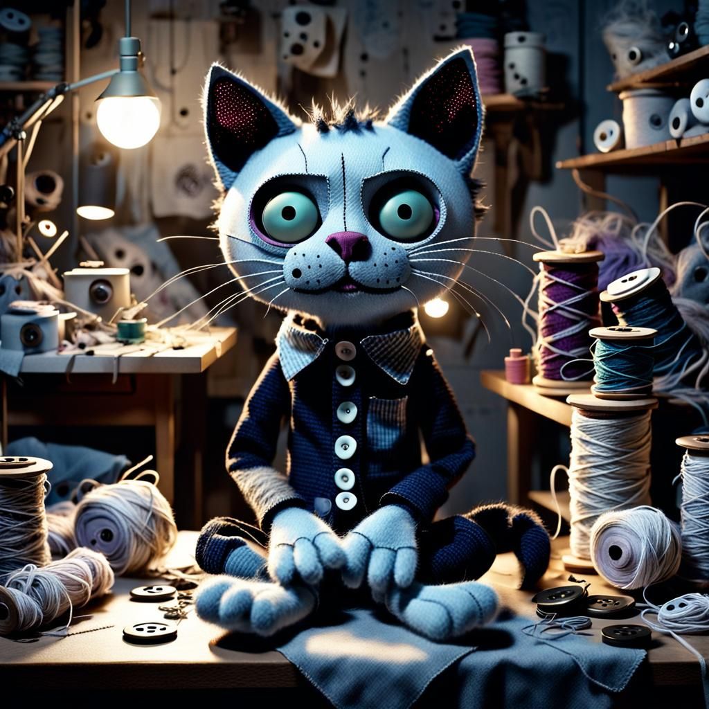 Tim Burton-esque Cat Puppet in Sewing Room