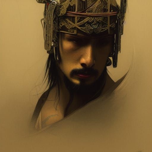 Neon Samurai Portrait in Gustave Doré Style