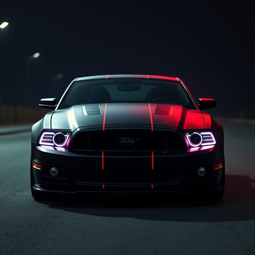 Matte Black Mustang GT with Neon Racing Stripes