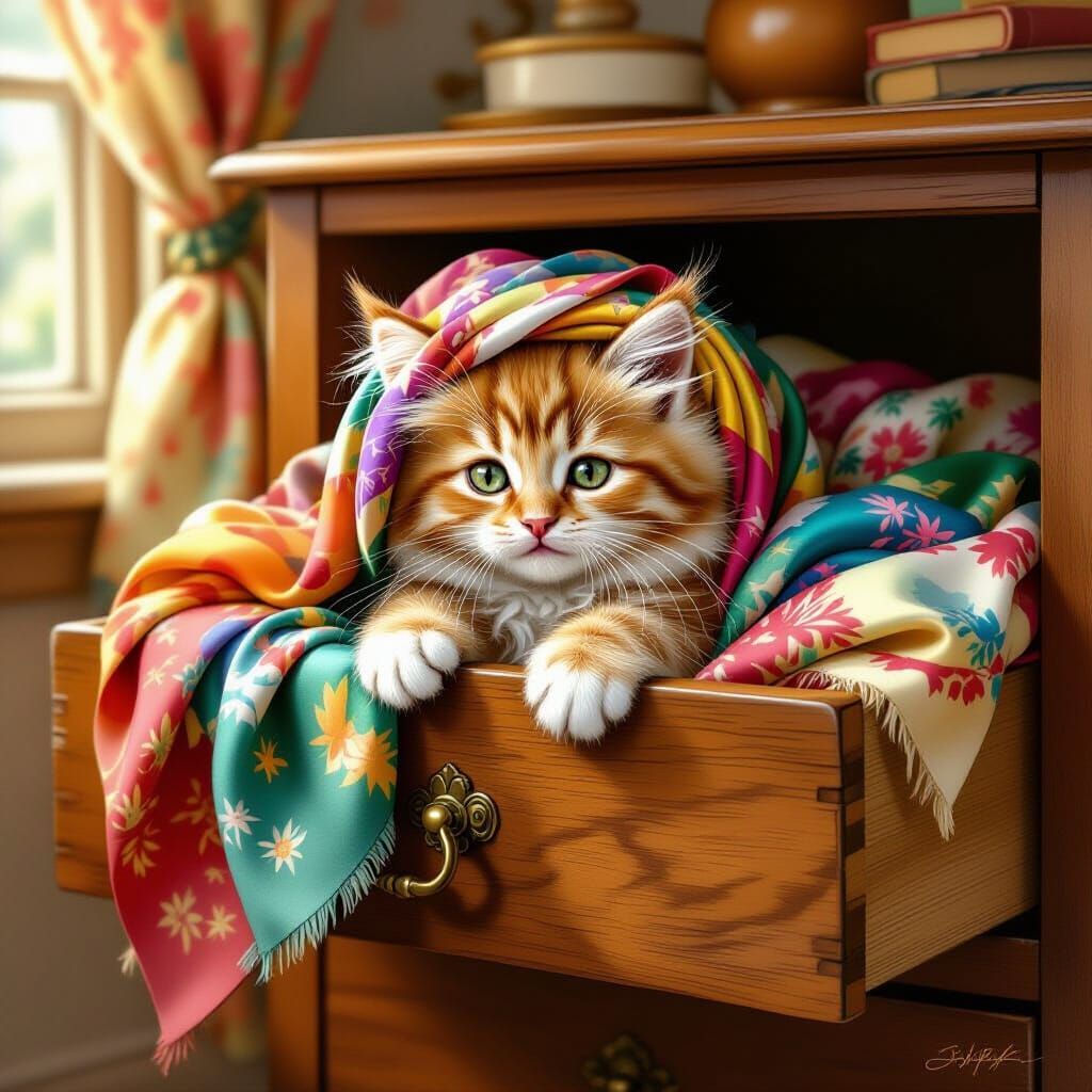 Fluffy Kitten Plays with Silk Scarves in Antique Dresser