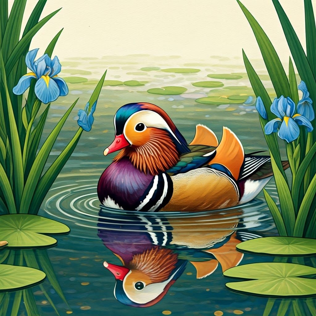 Mandarin Duck in Pond with Irises, Watercolour Illustration