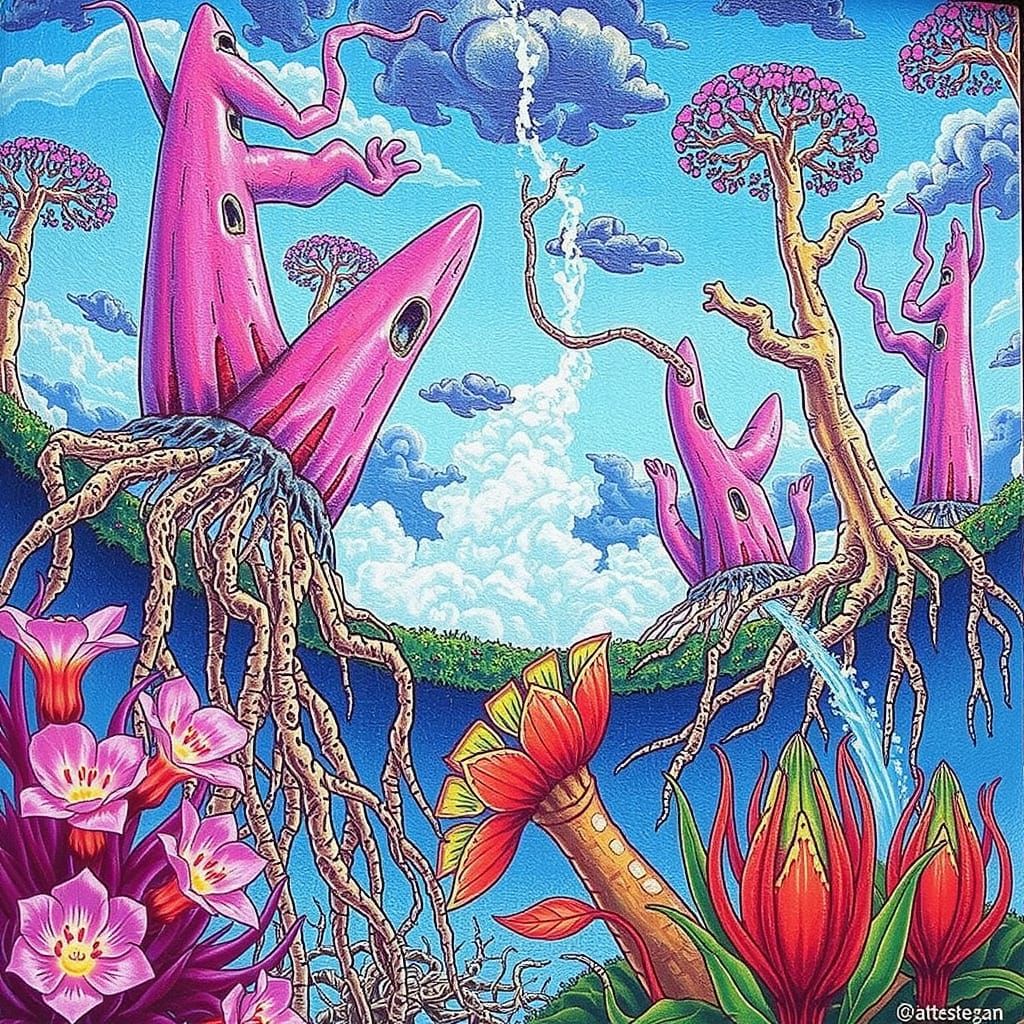 Floating Trees in Ethereal Landscape with Billowing Clouds