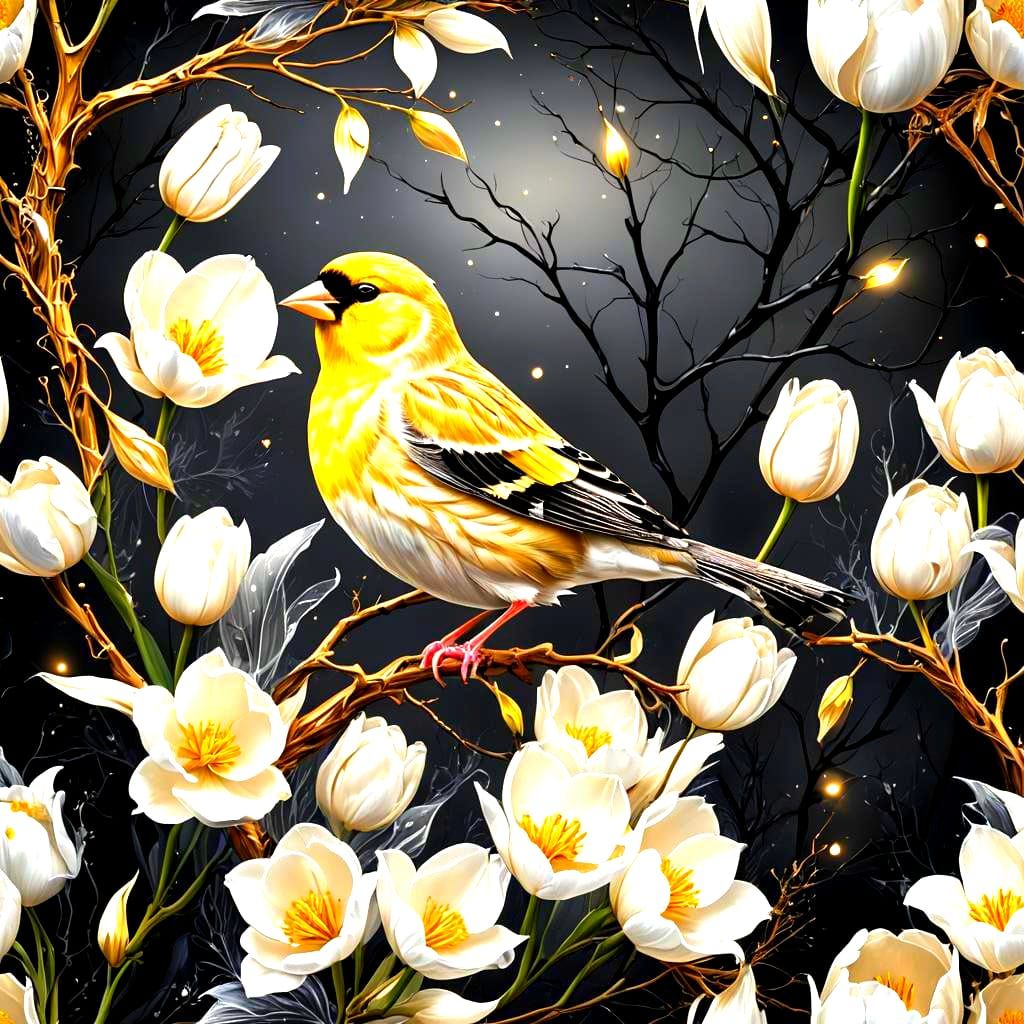 Bioluminescent Finch and Tulip in Fractal Forest