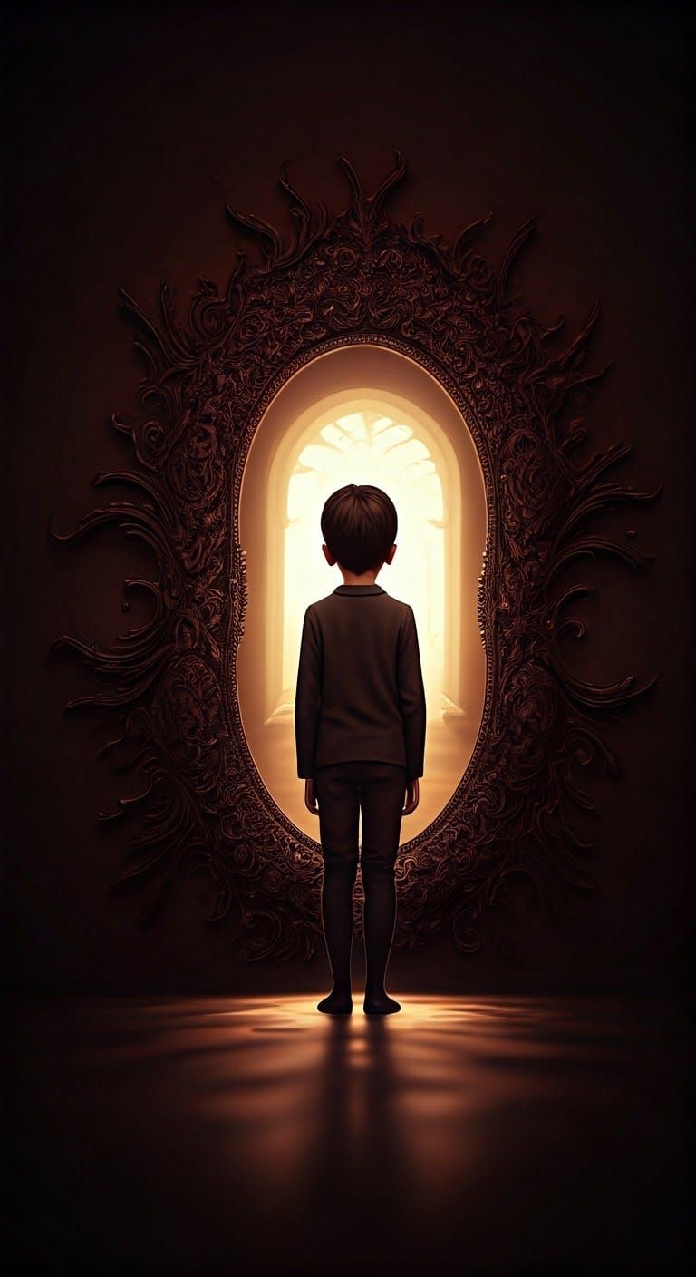Surreal Boy Falling Through Mirror in 3D