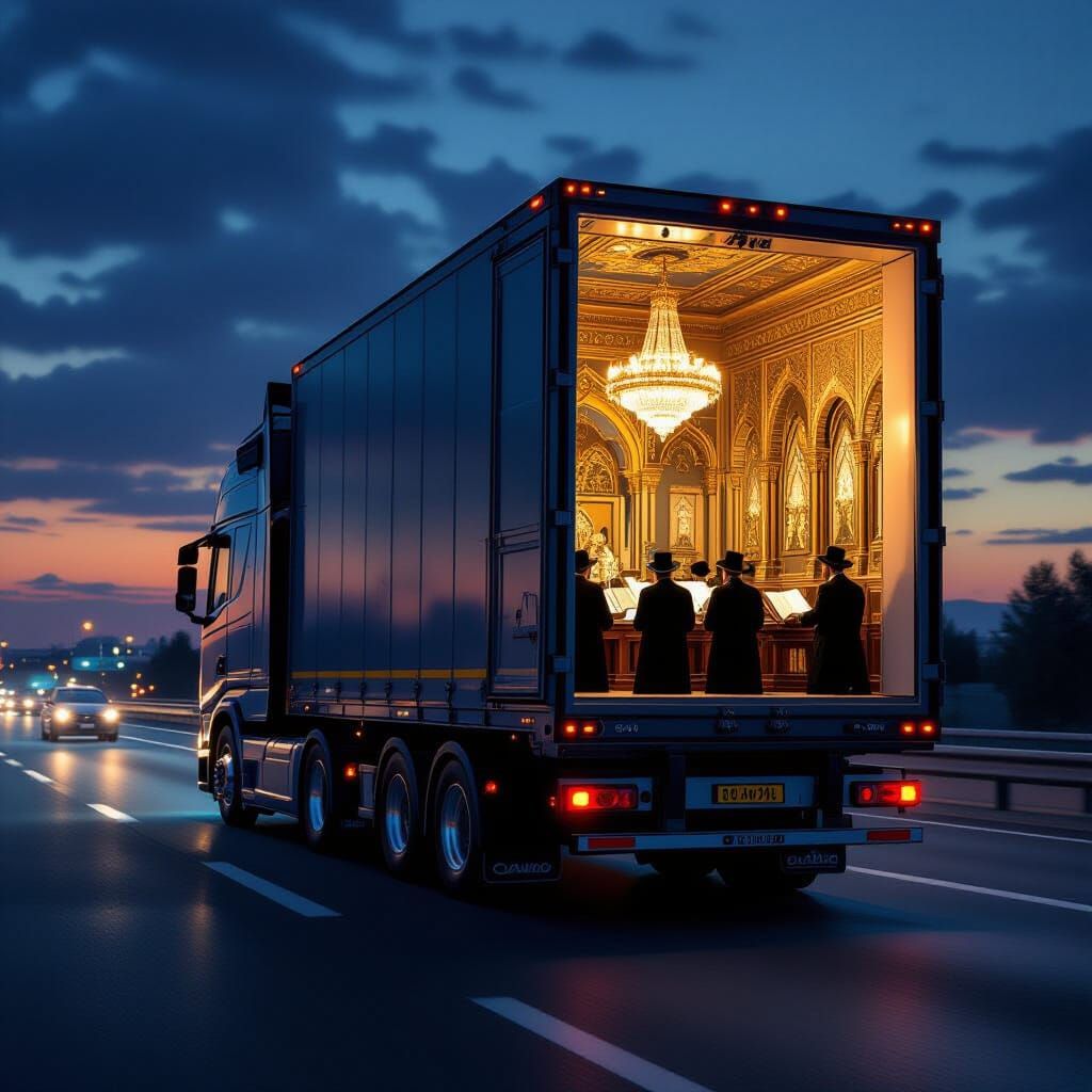Surreal Scania Truck Reveals Synagogue Interior at Dusk