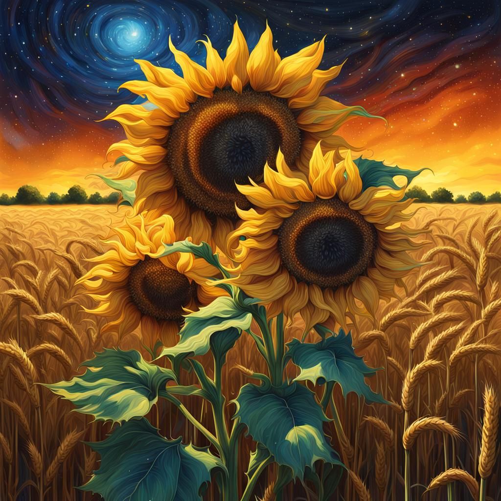 Sunflowers Under Starry Sky: Hyperrealistic Concept Art