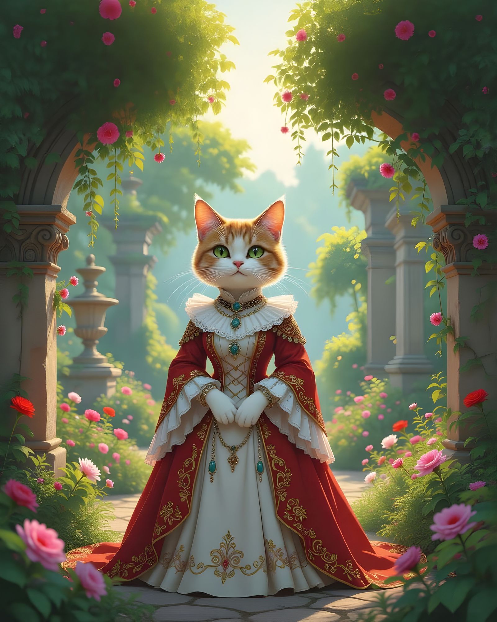 Anthropomorphic Cat Princess in an Enchanted Garden