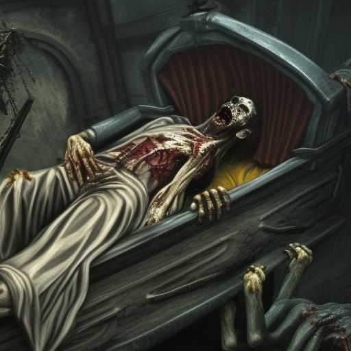 Rotting Zombie Jesus in Coffin: Detailed Matte Painting