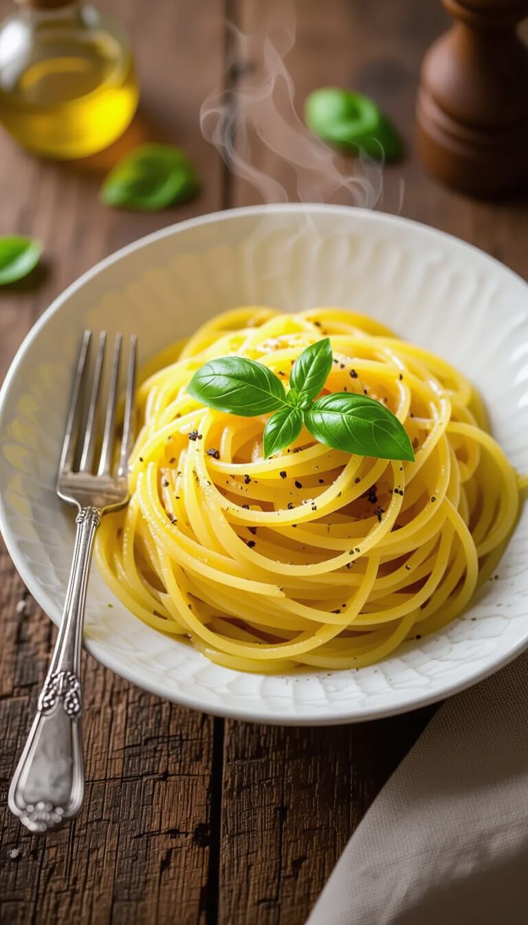 Gourmet Pasta With Basil On Rustic Table