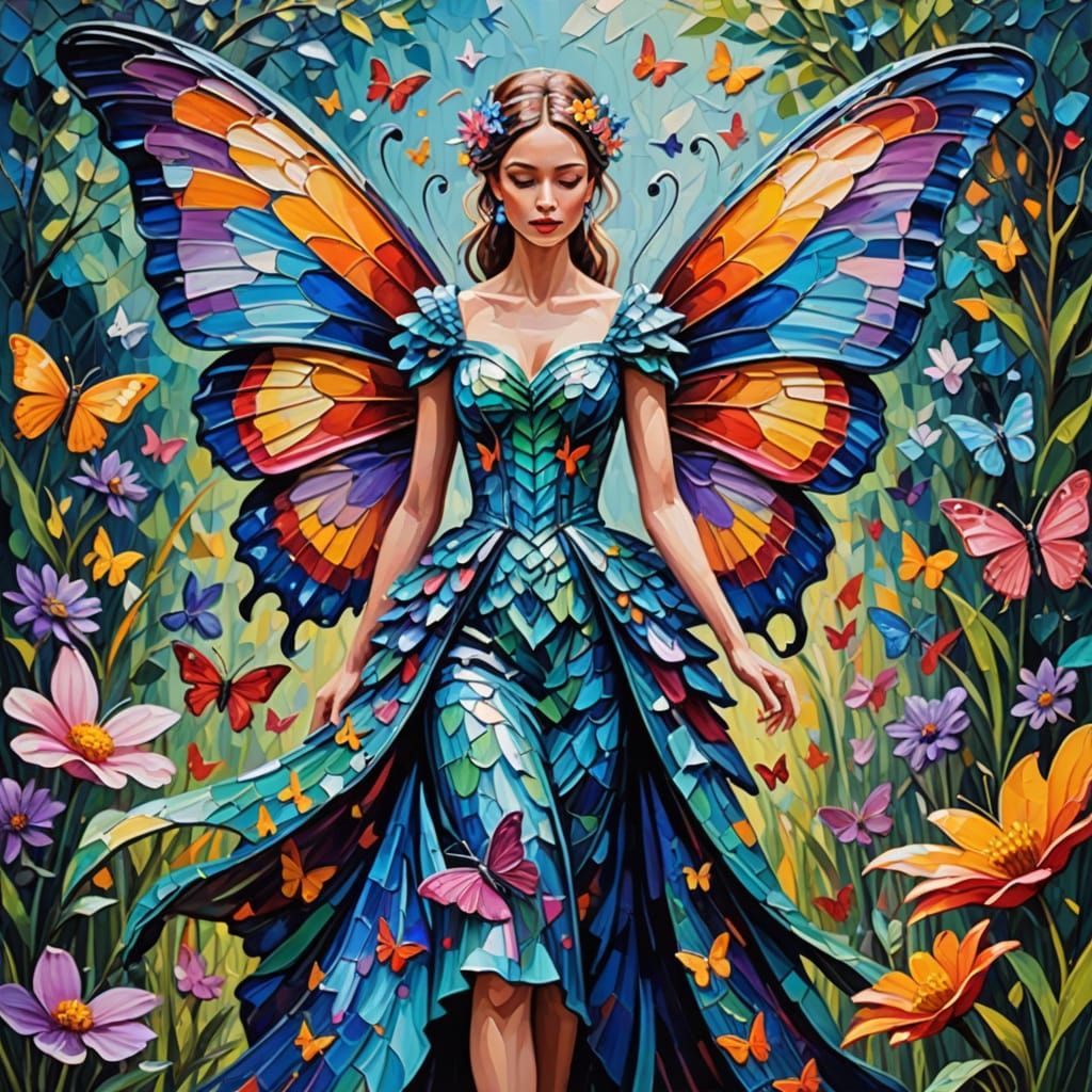 Model wearing a butterfly-inspired couture dress with large, colorful wings attached. Strutting on a runway surrounded b...