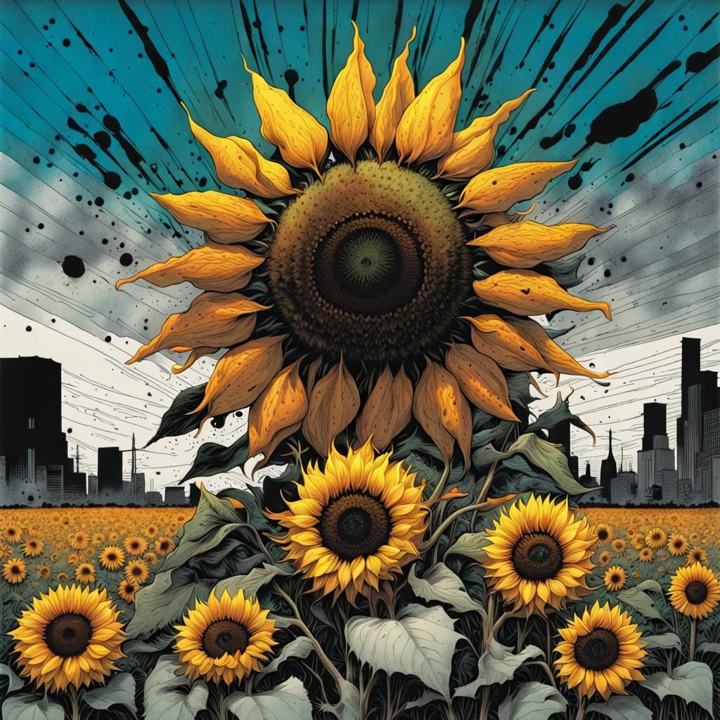 Radioactive Sunflowers in Comic Book Style Ink Painting
