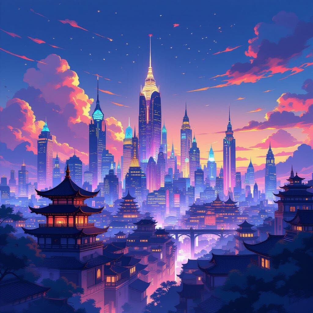 Fantastical City Skyline at Dusk in 3D Anime Style