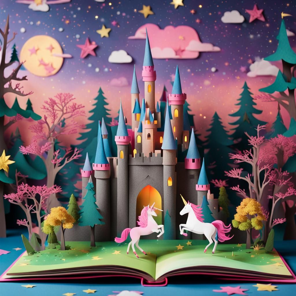a pop-up book with a castle, a pink unicorn
