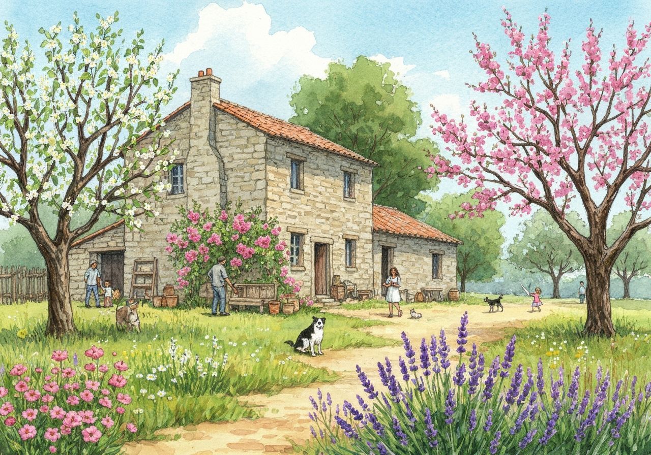 Rustic Country House in Blooming Orchard Watercolor Painting