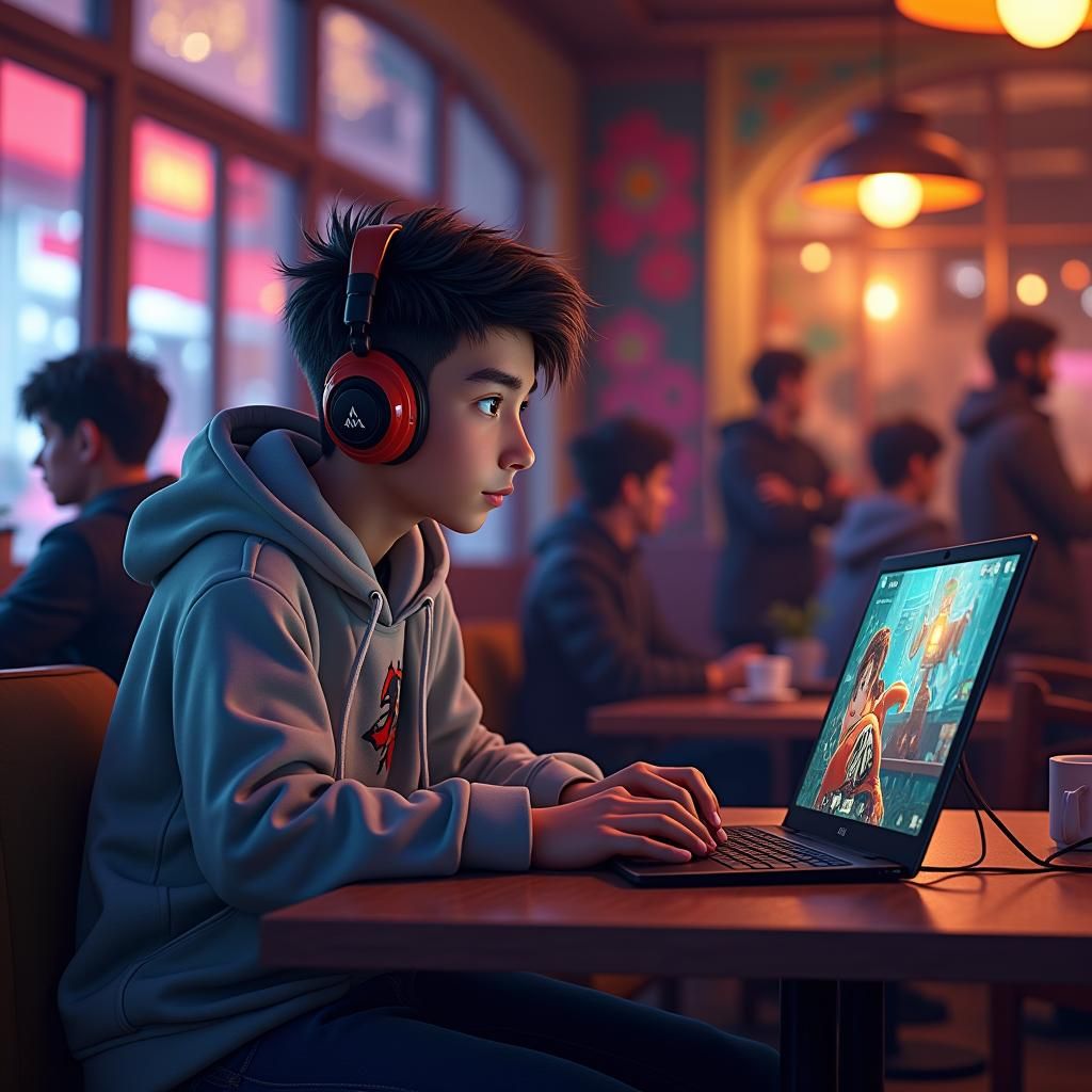 Roblox Gamer in Fantasy Cafe: Digital Matte Painting