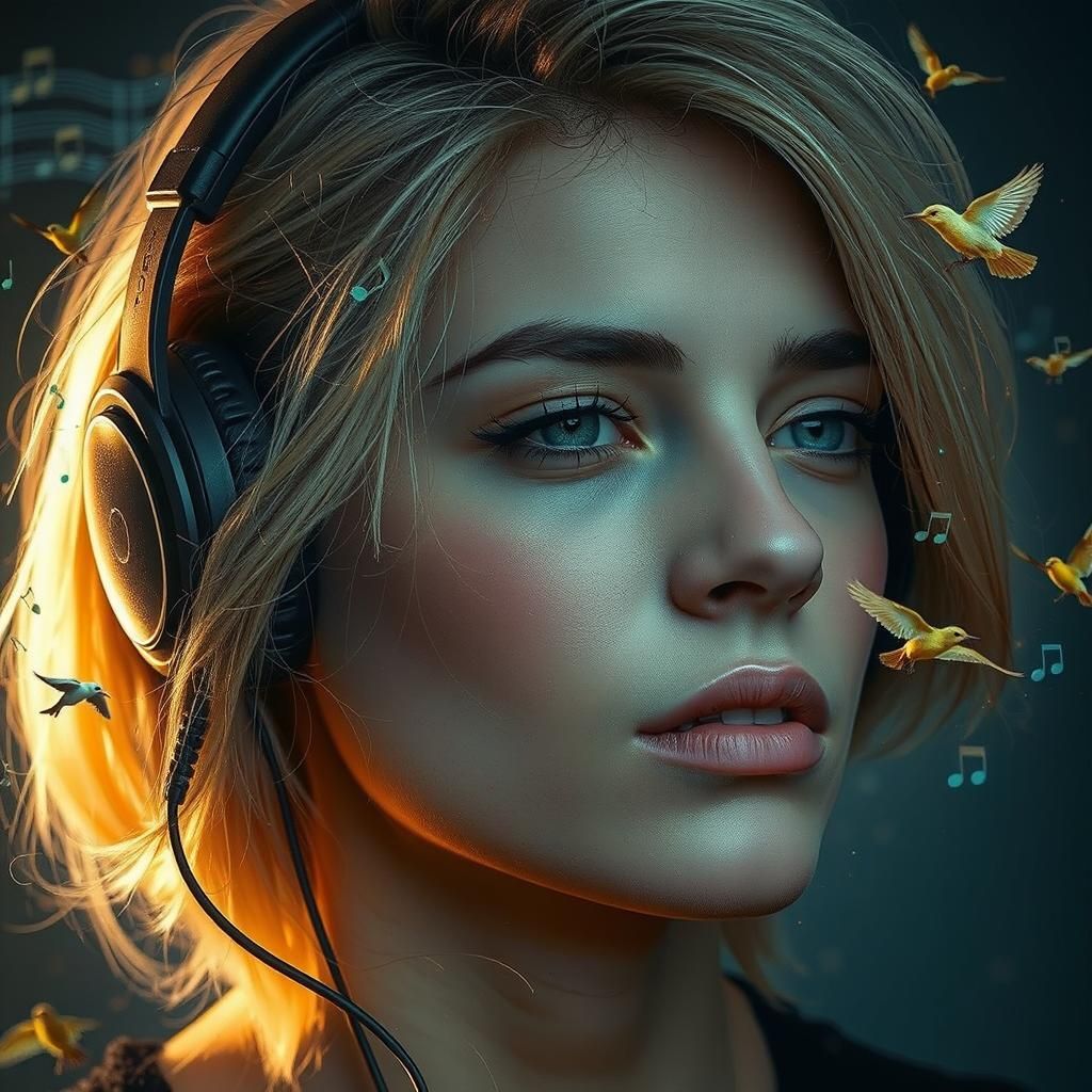 Surreal Double Exposure: Blonde Woman Listening to Music