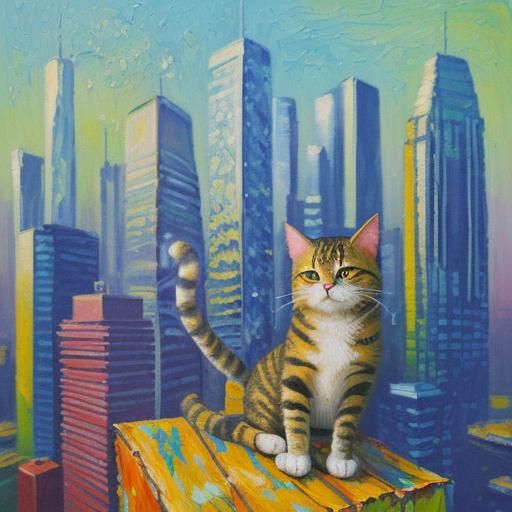 Cat on Skyscraper in Expressionist Oil Painting