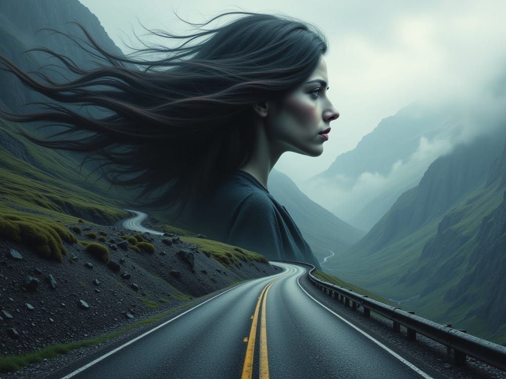 Double Exposure Portrait on Mountain Road