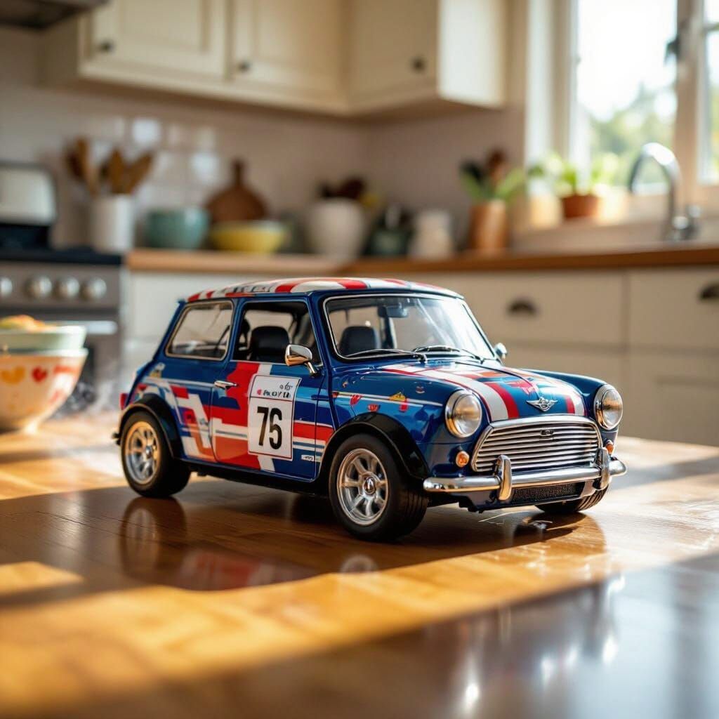 Mini Cooper RC Car Racing in a Sunlit Kitchen