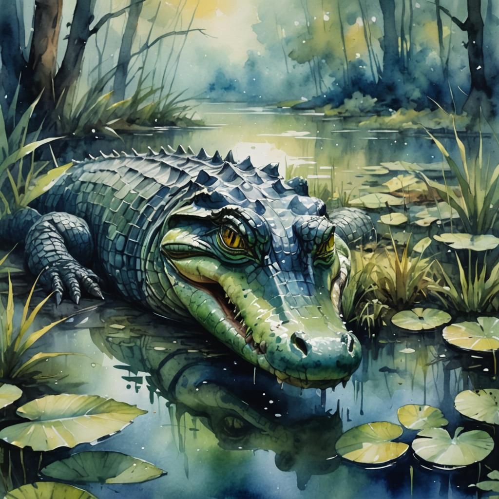 Alligator in Murky Swamp: Watercolor Fauvist Painting