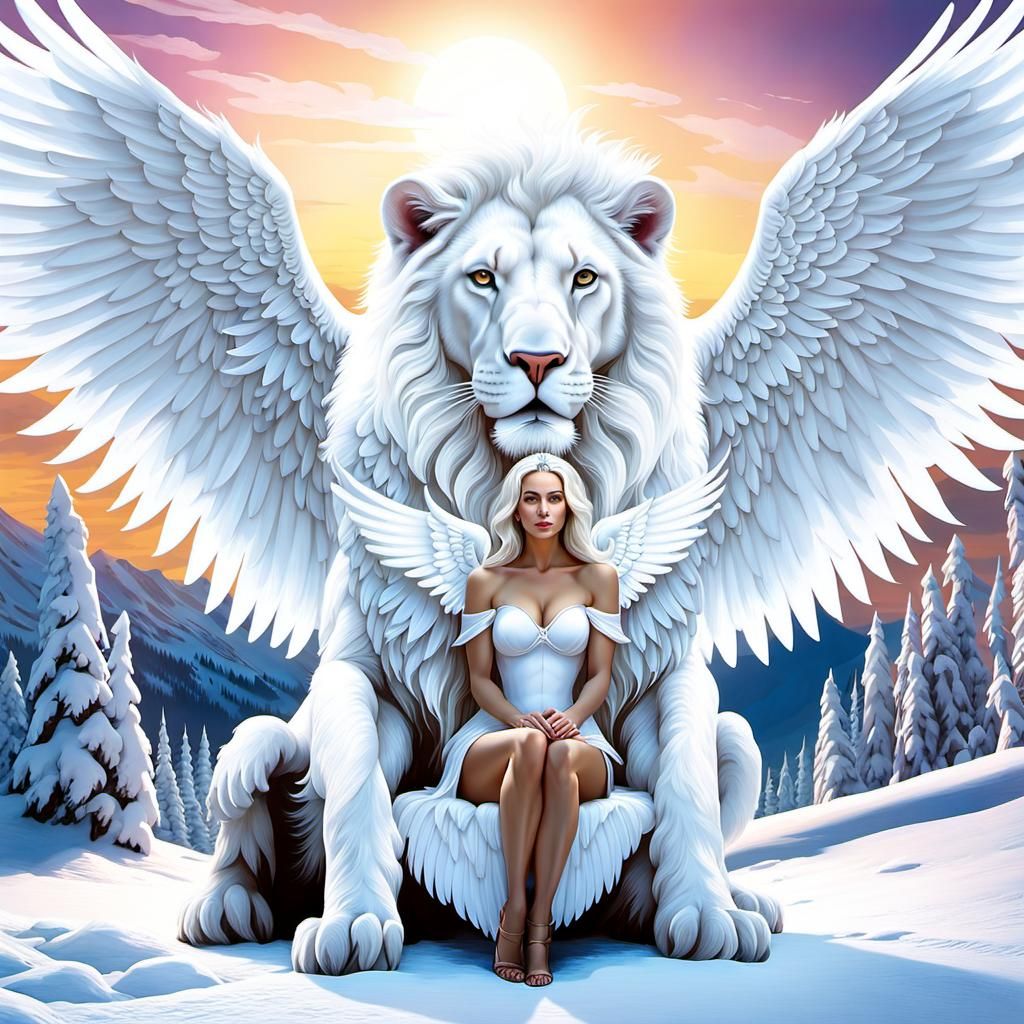 Winged Lion and Albino Woman in Dreamscape