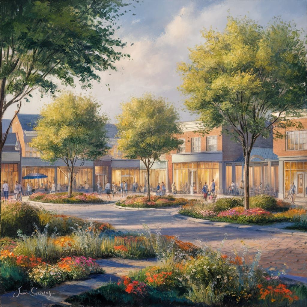 Charming Town Square Oil Painting with Lush Gardens