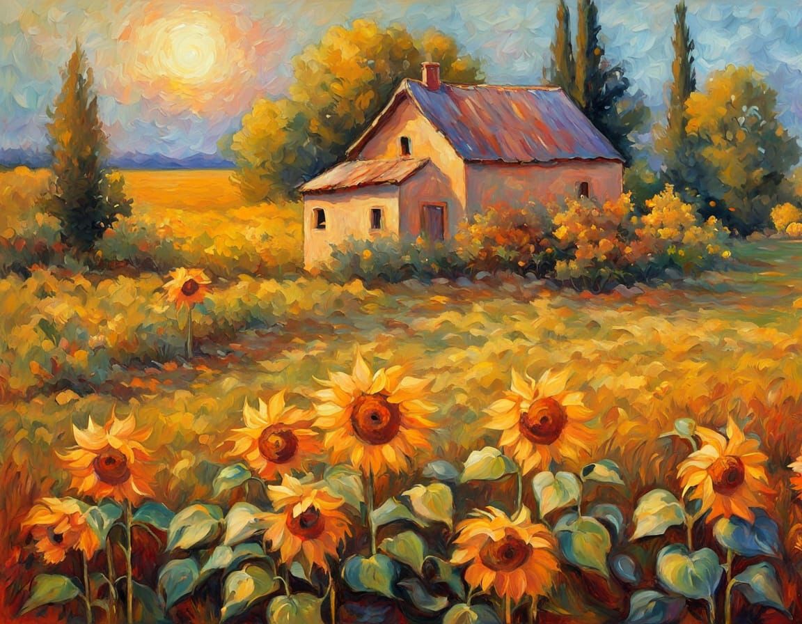 Impressionist Sunflowers Swaying in Golden Light