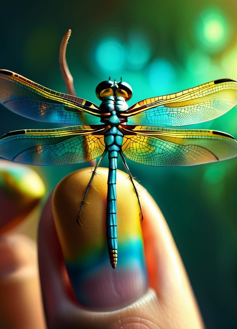 Detailed Dragonfly on Fairy Finger in Vibrant Colors