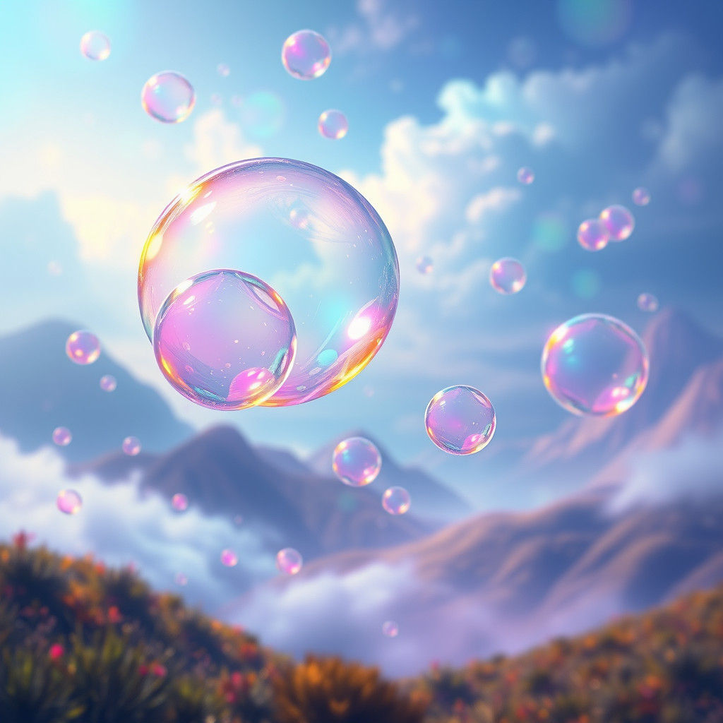 Dreamlike Landscape with Floating Iridescent Bubbles