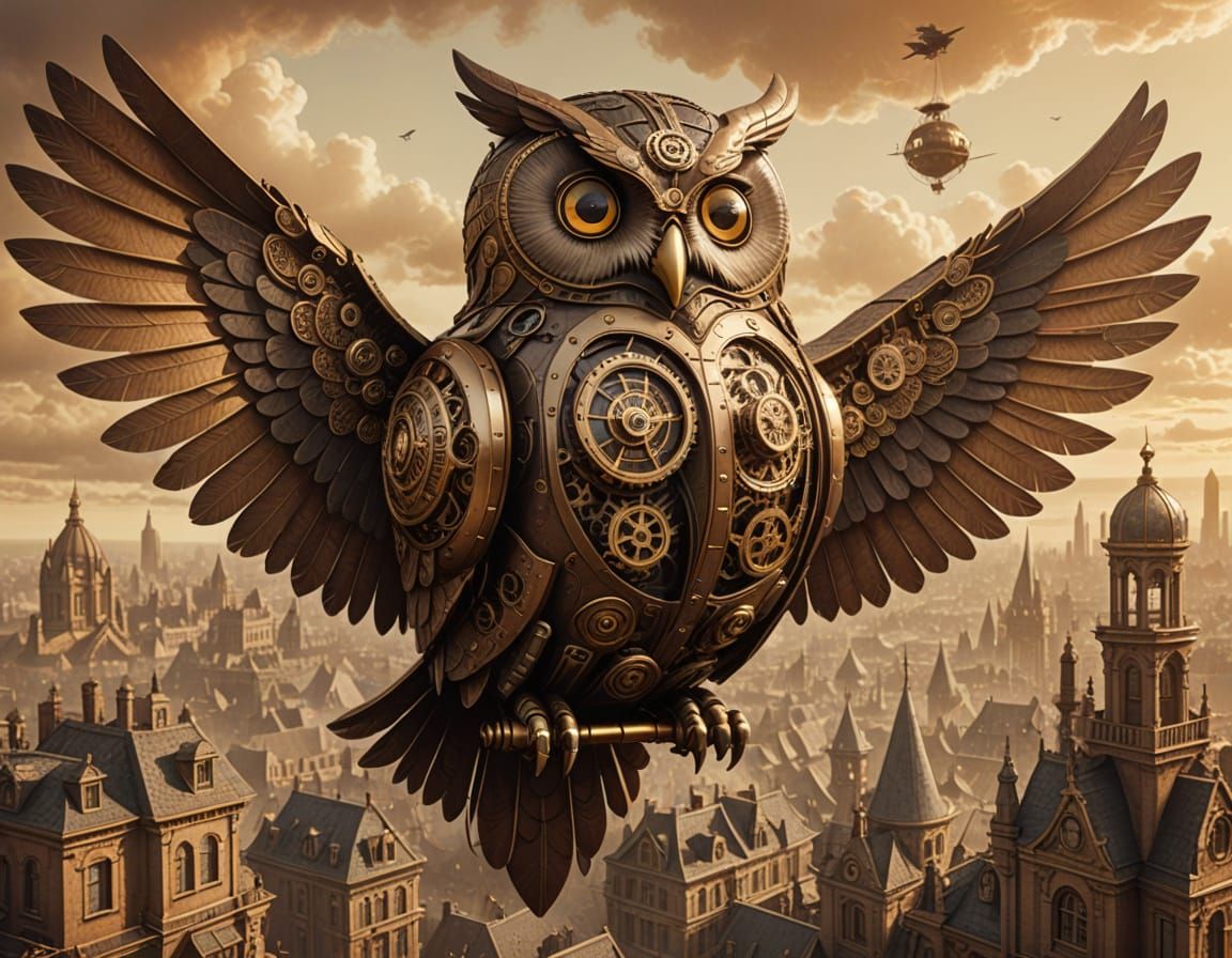 Steampunk Owl Airship Fantasy Illustration